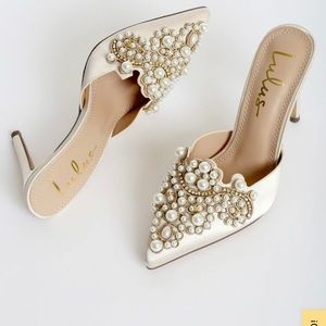 Lulu’s Florine Ivory Satin Pearl Pointed-Toe Mule wedding heels
